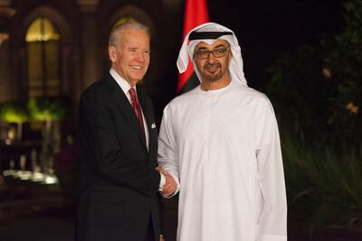 Crown Prince of Abu Dhabi and Deputy Supreme Commander of the UAE Armed Forces Sheikh Mohamed bin Zayed receives Joe Biden, then vice president, at Emirates Palace in Abu Dhabi, UAE, March 7, 2016. File photo / Razan Al Zayani for The Crown Prince Court
