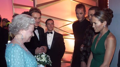 Queen Elizabeth with US performer Jennifer Lopez in London. Getty
