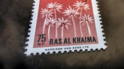 One of the first three stamps issued by the Government of Ras Al Khaimah on December 21, 1964: the Seven Palm Trees stamp, symbolising the most common plants of the Sheikhdom. Courtesy Ritz-Carlton