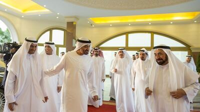 Sheikh Mohammed bin Zayed receives Sheikh Hamad bin Mohammed Al Sharqi, Ruler of Fujairah and Dr Sheikh Sultan bin Mohammed. Mohamed Al Hammadi / Crown Prince Court — Abu Dhabi