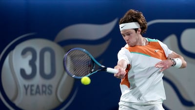 Russia's Andrey Rublev returns the ball to Poland's Hubert Hurkacz during their semi-final match of the Dubai Duty Free Tennis Championship on Friday, February 25, 2022. AP Photo
