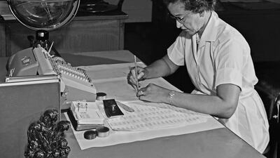 NASA research mathematician Katherine Johnson photographed at her desk at NASA Langley Research Center in Hampton, Virginia, United States, with a globe, or 'Celestial Training Device,' in 1962. EPA/NASA LANGLEY RESEARCH CENTER