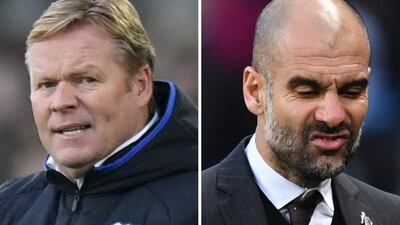 Ronald Koeman leads his Everton charges against a Pep Guardiola-led Manchester City side on Sunday in a rematch of an earlier 1-1 Premier League draw last October. Composite from agencies