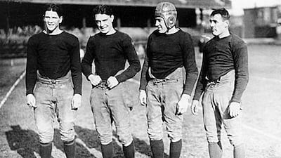 The Four Horsemen of Notre Dame, from left, Elmer Layden, James Crowley, Don Miller and Harry Stuhldreher, are the symbols of tradition for the Fighting Irish football team.