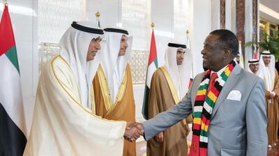 Jaber Al Suwaidi, General Director of the Crown Prince Court - Abu Dhabi greets Emmerson Mnangagwa, President of Zimbabwe, during a reception at the Presidential Airport. Ryan Carter for the Ministry of Presidential Affairs