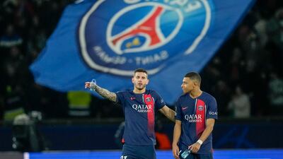 PSG's Kylian Mbappe with Lucas Hernandez after the Champions League last-16 first-leg win over Real Sociedad at the Parc des Princes on February 14, 2024. AP