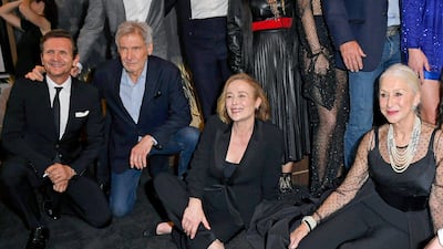 Sebastian Roche, Harrison Ford, Jennifer Ehle and Helen Mirren attend the premiere of 1923 in Las Vegas. Getty Images