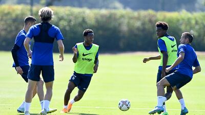 Raheem Sterling, Carney Chukwuemeka and Cesar Azpilicueta in action ahead of the Tottenham game on Sunday.