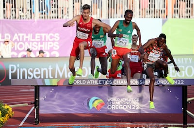 Soufiane El Bakkali on his way to 3000m steeplechase gold at the 2022 World Athletics Championships in Oregon. EPA