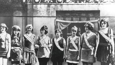 The first Miss America contestants, left, on the boardwalk in Atlantic City, New Jersey, in 1921 Getty