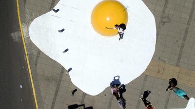 An aerial view of the ‘Art-Eggcident,’ an installation by Dutch artist Henk Hofstra in Santiago, Chile, taken on November 9, 2016. The artwork is part of the ‘Hecho en Casa (Made in Home) urban art festival running in Santiago this week. Sebastian Silva / EPA