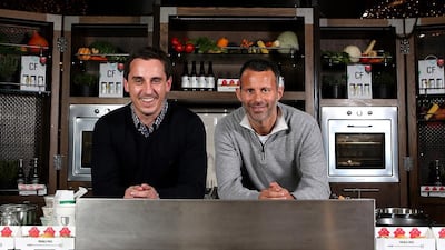 Gary Neville, left, and Ryan Giggs at Cafe Football, at Westfield Stratford Mall, in London; Treble Pies, below, mark the players’ famous 1999 season at Manchester United. Rob Matthews
