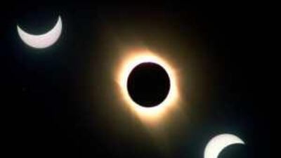 The three phases of a lunar eclipse: the beginning, the peak of the eclipse that left the Sun's corona visible, and the final phase.
