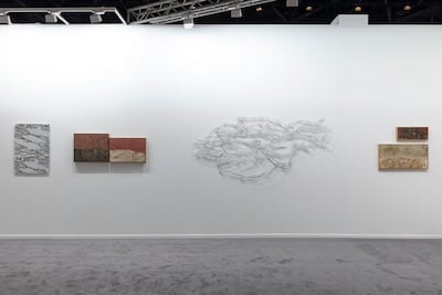 Safeya Sharif Al Awadhi’s Lines of Persistence, an aluminium wall sculpture based on dune movement and satellite imagery. Photo: Ismail Noor
