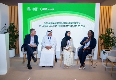 Bob Moritz, Global Chairman of PwC, Abdul Aziz Al Ghurair, chairman of the Abdulla Al Ghurair Foundation, Ghaya Saad Al Ahbabi, Unicef UAE Youth Advocate and Kenyan Mary Muthoni Morrison, a Cop28 International Youth Climate Delegate. Image: Cop28 / X