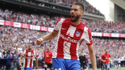 Atletico Madrid's Yannick Carrasco celebrates after scoring the late winner against Espanyol at the Wanda Metropolitano Stadium on Sunday, April 17, 2022. EPA
