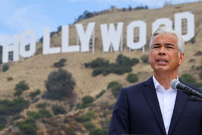 Californian Attorney General Rob Bonta announces his state will sue to block Paramount's $110 billion acquisition of Warner Bros Discovery, on July 13. Reuters