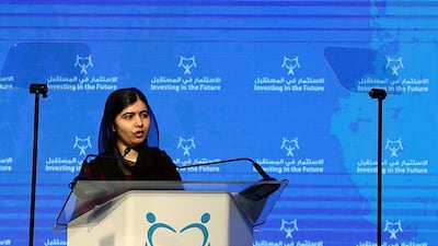 Malala Yousafzai, the youngest Nobel laureate, addresses the Investing in the Future conference in Sharjah. Satish Kumar / The National