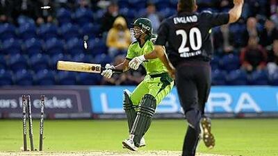 Tim Bresnan wraps up the Pakistan innings by bowling Shoaib Akhtar. Bresnan was the pick of the England bowlers at Cardiff yesterday.