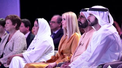 Sheikh Mohammed bin Rashid is accompanied by Sheikh Hamdan bin Mohammed and Ivanka Trump, daughter and advisor to US President Donald Trump, while attending the official opening of the Women's Forum on February 16. Courtesy: Dubai Media office twitter account