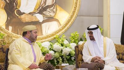 Sheikh Mohammed bin Zayed, Crown Prince of Abu Dhabi and Deputy Supreme Commander of the Armed Forces, right, with King Mohammed VI of Morocco at Mushrif Palace. Ryan Carter / Crown Prince Court - Abu Dhabi