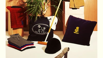 Trousers, Burberry Brit. Poloneck, Polo Ralph Lauren. Gloves, Gucci. Towel, Ralph Lauren Home at Bloomingdale's Home. Grey T shirt; blue T shirt; red t shirt; white T shirt; black T shirt, all Polo Ralph Lauren. Black cushion, Fendi at Bloomingdale's Home???