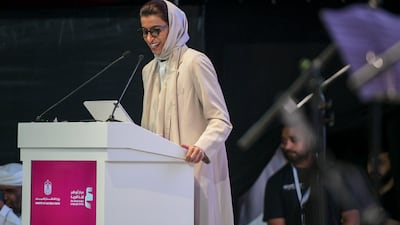 Noura Al Kaabi, UAE Minister of Culture and Youth, gives a keynote address at the Arabic Language Summit in Abu Dhabi. Khushnum Bhandari / The National