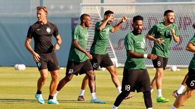Saudi Arabia coach Herve Renard leads a training session at the Sealine Training Site in Doha on the eve of their 2022 World Cup match against Poland. AFP