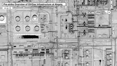 This image provided by the U.S. government and DigitalGlobe and annotated by the source, shows a pre-strike overview at Saudi Aramco's Abaqaiq oil processing facility in Buqyaq, Saudi Arabia. The drone attack Saturday on Saudi Arabia's Abqaiq plant and its Khurais oil field led to the interruption of an estimated 5.7 million barrels of the kingdom's crude oil production per day, equivalent to more than 5% of the world's daily supply. AP