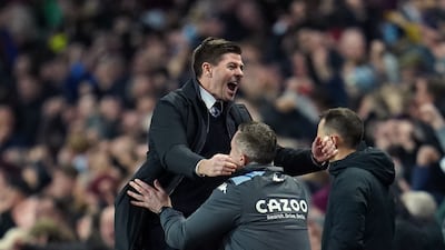 Aston Villa manager Steven Gerrard celebrates the second goal scored by Tyrone Mings. PA
