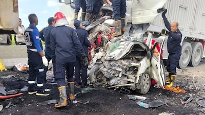 The collision, which involved a pick-up truck and two large cargo lorries, happened on the 30 June Axis, south of Port Said. Photo: Dakahlia Governorate