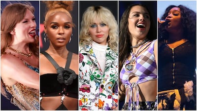 From left: Taylor Swift, Janelle Monae, Miley Cyrus, Olivia Rodrigo and SZA are all up for Album of the Year at the 2024 Grammys. AFP, AP and Getty Images