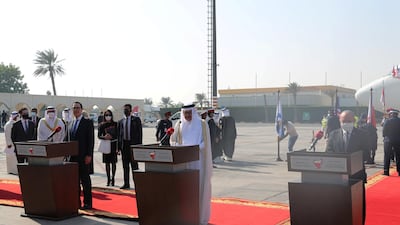 Israeli National Security Adviser Meir Ben-Shabbat, US Treasury Secretary Steve Mnuchin, and Bahrain's Foreign Minister Abdullatif Al Zayani, deliver statements upon the Israeli delegation's arrival in Muharraq, Bahrain. Reuters
