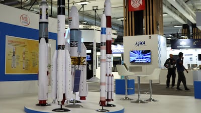 A rocket display at the Isro stand at the International Astronautical Congress 2022 in Paris. Sarwat Nasir / The National