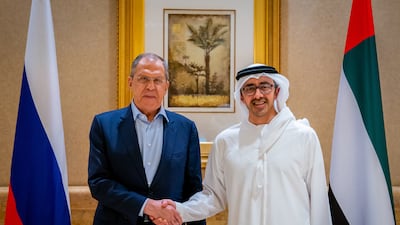 A handout photo made available by the Emirates News Agency (WAM) shows Russian Foreign Minister Sergei Lavrov (L) shaking hands with United Arab Emirates Minister of Foreign Affairs and International Co-operation Sheikh Abdullah bin Zayed bin Sultan Al Nahyan (R) in Abu Dhabi, United Arab Emirates, 03 November 2022. EPA / EMIRATES NEWS AGENCY / HANDOUT HANDOUT HANDOUT EDITORIAL USE ONLY / NO SALES