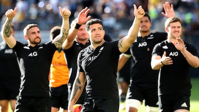 All Blacks players salute the crowd after winning the Bledisloe Cup match against Australia in Perth. Getty Images