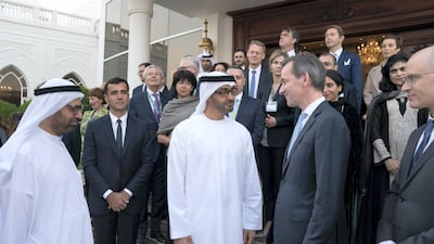 Sheikh Mohammed bin Zayed, Crown Prince of Abu Dhabi and Deputy Supreme Commander of the UAE Armed Forces, third right, speaks with Dr Andreas Jacobs, Chairman of INSEAD, second right, during a Sea Palace barza. Hamad Al Kaabi / Crown Prince Court - Abu Dhabi