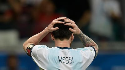 Argentina's Lionel Messi gestures after missing a goal opportunity against Colombia. AFP