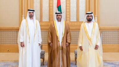 Sheikh Mohammed bin Rashid, Vice President, Prime Minister and Ruler of Dubai, and Sheikh Mohamed bin Zayed, Crown Prince of Abu Dhabi and Deputy Supreme Commander of the Armed Forces, with Abdullah Al Nuaimi, Minister of Justice.