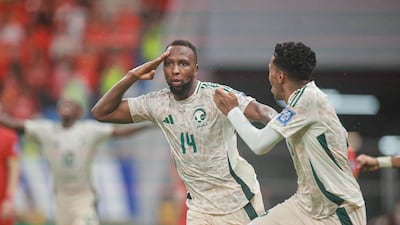 Saudi Arabia's Hassan Kadish celebrates after scoring his second goal against China to clinch a 2-1 win in 2026 World Cup qualifying. AFP