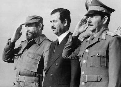 Raul Castro, right, pictured in 1979 as Cuba's defence minister, with then Iraqi vice-president Saddam Hussein and Cuban president Fidel Castro, in Havana. AFP