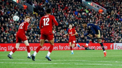 Arsenal's Joe Willock scores their fifth goal. Reuters