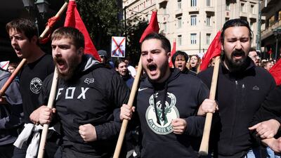 Protesters at a demonstration after the trains collided near the city of Larissa. Reuters