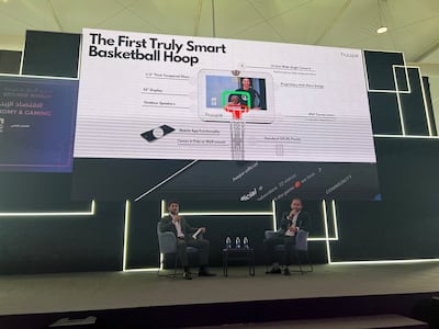 Huupe co-founders Paul Anton and Lyth Saeed discuss their AI-infused, smart basketball hoop at the 2024 Leap technology conference in Riyadh. Cody Combs / The National