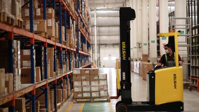 Supplies being moved at the UPS warehouse in Jafza in Dubai that is being used to store equipment for the Expo 2020.