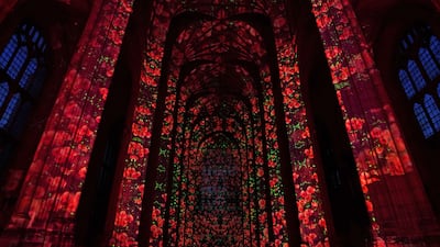 The Poppy Fields sound and light installation by Luxmuralis, commemorating the First and Second World Wars, is projected inside the nave of Canterbury Cathedral in Kent, England. PA