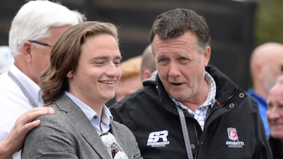 George Michael Steinbrenner IV with his father Hank Steinbrenner after his team won the the Indy Lights race on April 23, 2017, at Barber Motorsports Park in Birmingham, Alabama. Getty Images