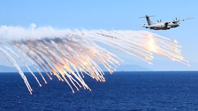 An ATR 72-600 TMPA (P-72) maritime patrol aircraft operated by the Turkish Navy releases countermeasure flares during an Exercise in the Eastern Mediterranean. AFP