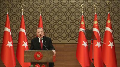 Turkey's President Recep Tayyip Erdogan announces the new ministers of his cabinet during a press conference at the Presidential Palace on July 9, 2018 in Ankara, Turkey. Getty Images