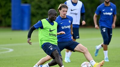 N'Golo Kante and Conor Gallagher compete in training. Getty